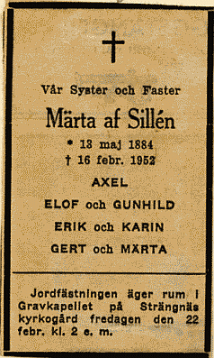 Märta af Sillén 1884 - 1952 dödsannons