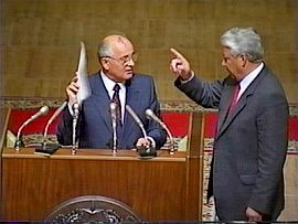 Yeltsin pointing finger at Gorbachev.