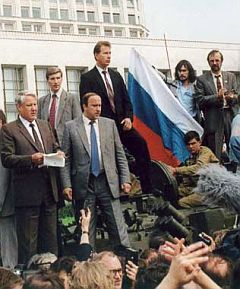 Defiant Yeltsin on tank.